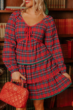 Red Plaid Print Ricrac Tiered Bubble Sleeve Mini Dress