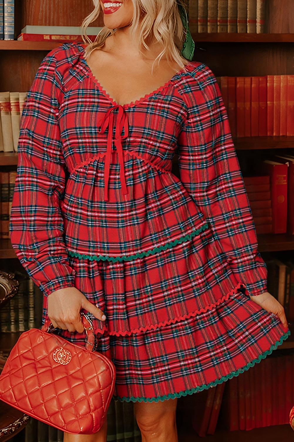 Red Plaid Print Ricrac Tiered Bubble Sleeve Mini Dress