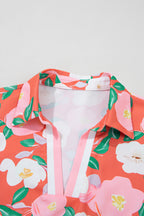 Fresh Salmon Floral Print Contrast Striped Trim Polo Collar T Shirt Dress