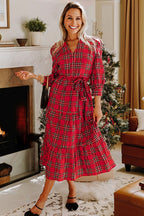 Red Christmas Plaid V Neck 3/4 Sleeve Tie Waist Ruffle Hem Long Dress