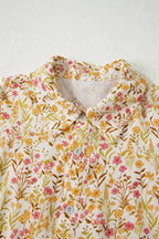 Yellow Floral Print Frilly Trim Smocked Cuff Long Sleeve Loose Shirt Dress