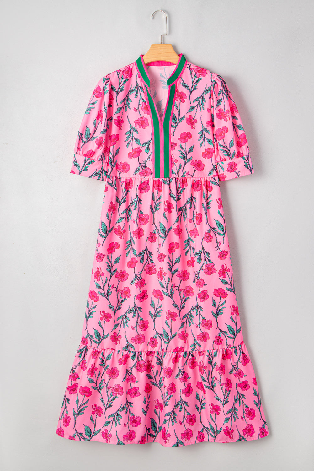 Pink Floral Contrast Neckline A-line Puff Sleeve Long Dress