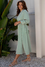 Green Stripe V Neck Zip Front Cinched High Waist Midi Dress