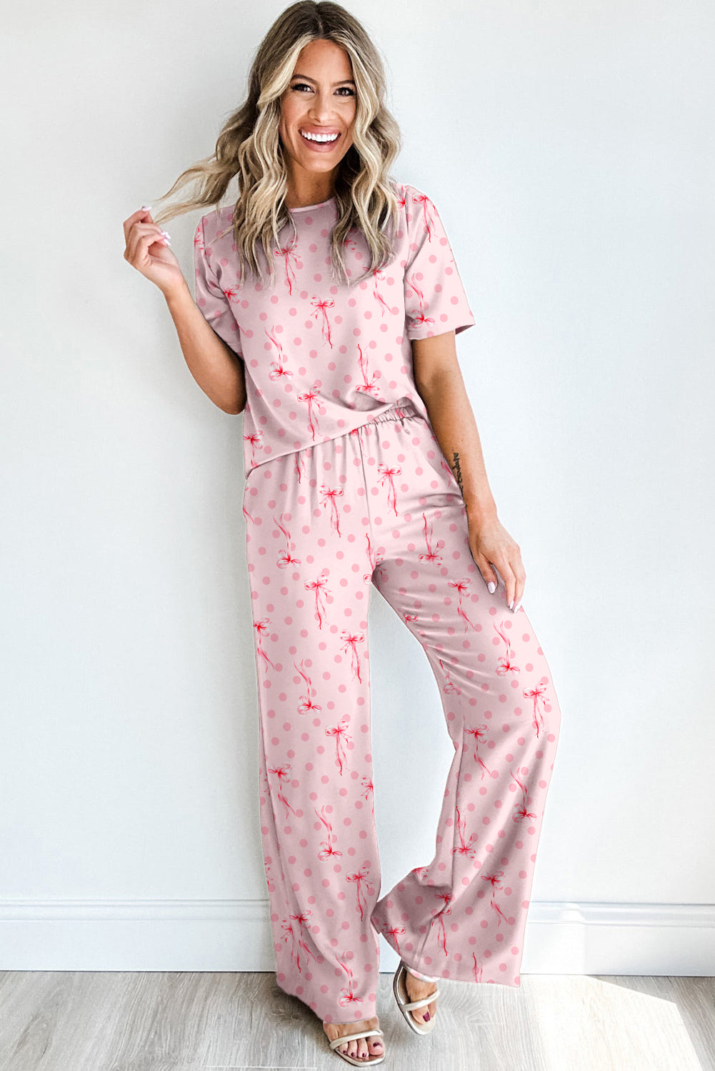Pink Bow Knot Polka Dot Print Short Sleeve Top Lounge Set