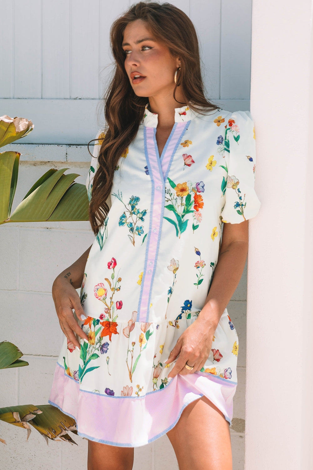 White Floral Print Contrast Striped Patchwork Short Puff Sleeve Dress