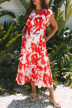 Red Floral Print Trimmed V Neck Ruffle Sleeve Long Dress