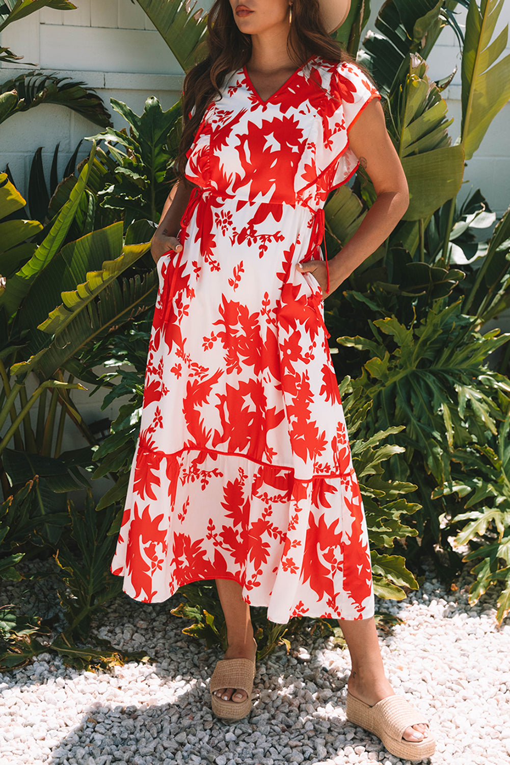 Red Floral Print Trimmed V Neck Ruffle Sleeve Long Dress