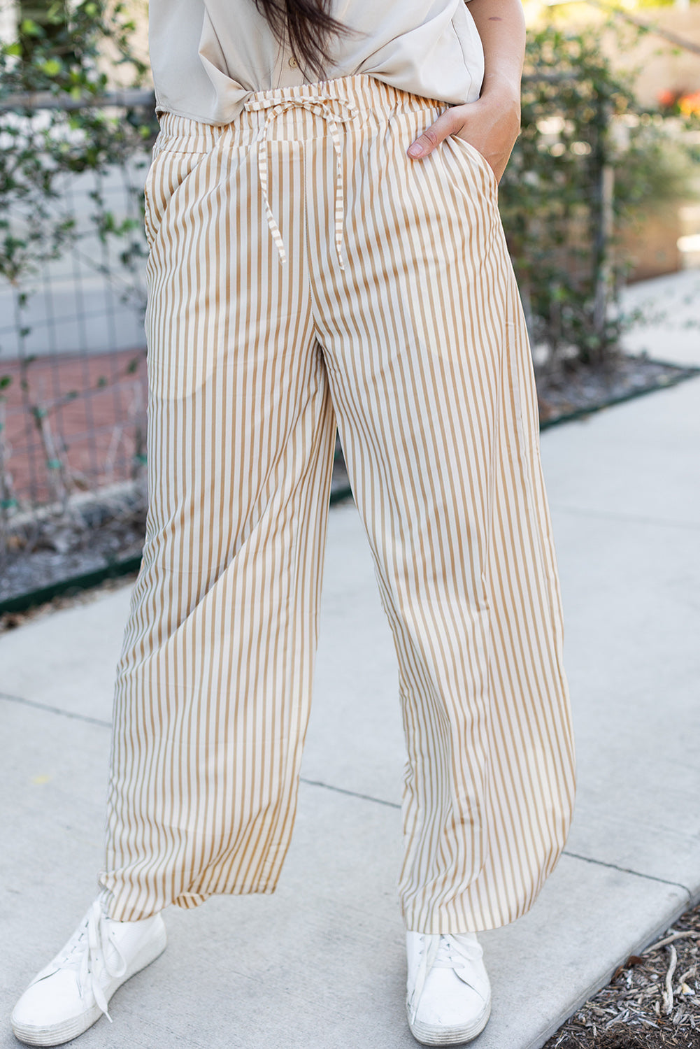 Khaki Stripe Print Wide Leg Drawstring Elastic Waistband Pants