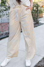 Khaki Stripe Print Wide Leg Drawstring Elastic Waistband Pants