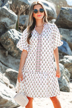 Pink Floral Print Bubble Sleeve Neck Tie Ruffled Dress