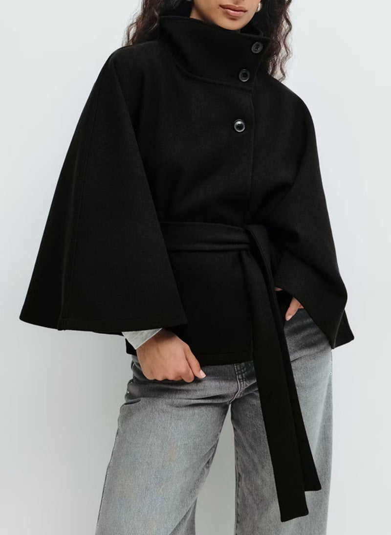 Elegant High Neck Batwing Sleeve Coat With Belt