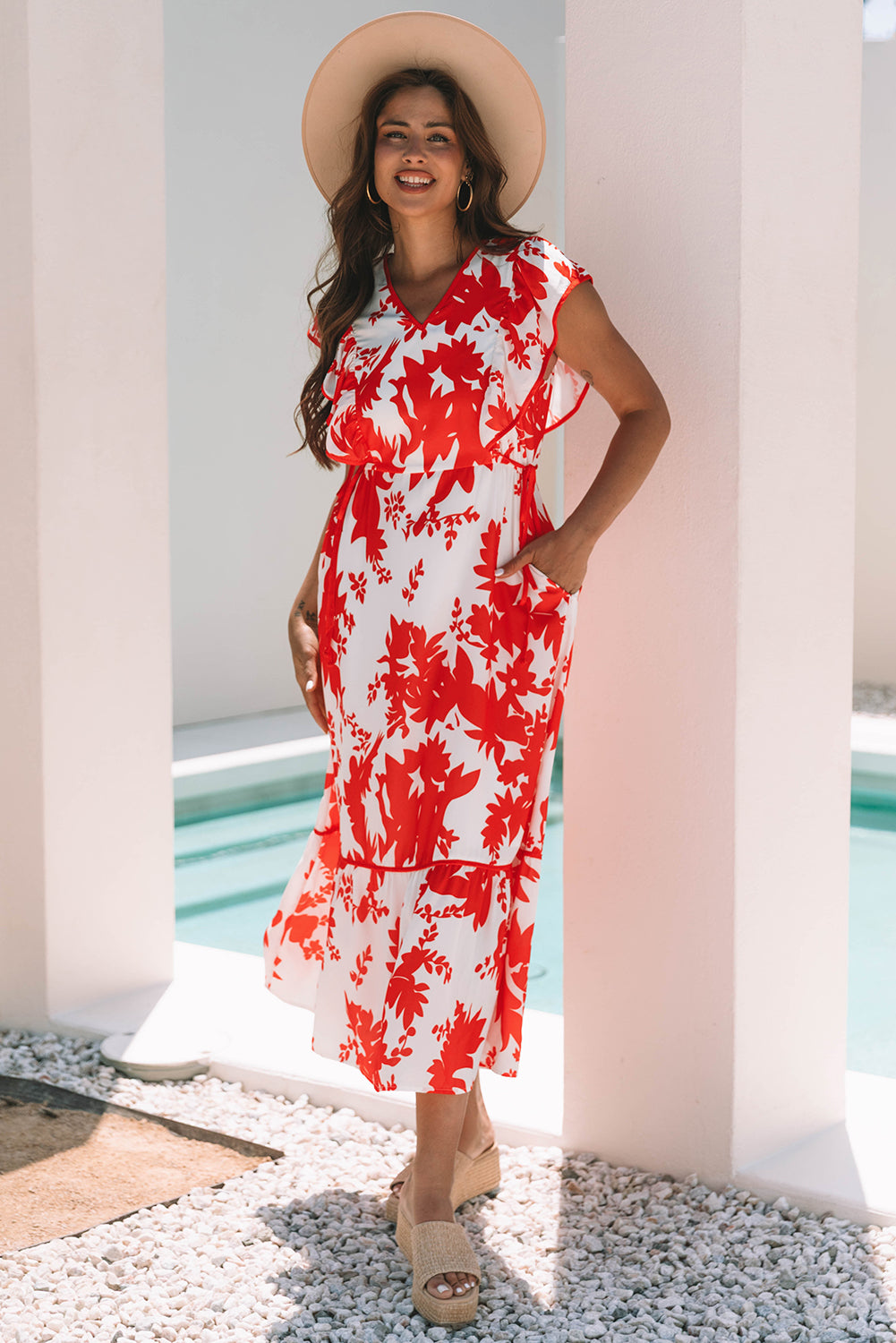 Red Floral Print Trimmed V Neck Ruffle Sleeve Long Dress