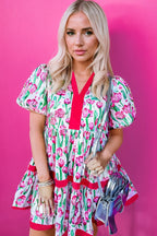 Pink Floral Print Contrast Trim V Neck Bubble Short Sleeve Babydoll Dress