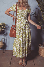 Yellow Boho Floral Square Neck Smocked Bust Puff Sleeve Tiered Long Dress