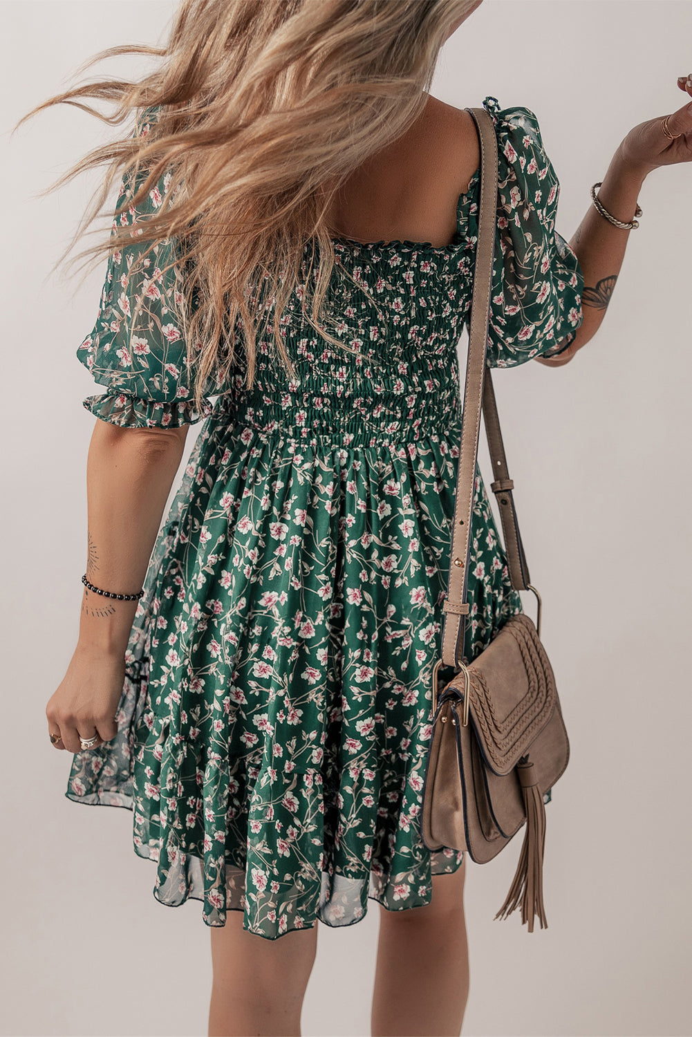 Green Smocked Square Neck Puff Short Sleeve Floral Dress
