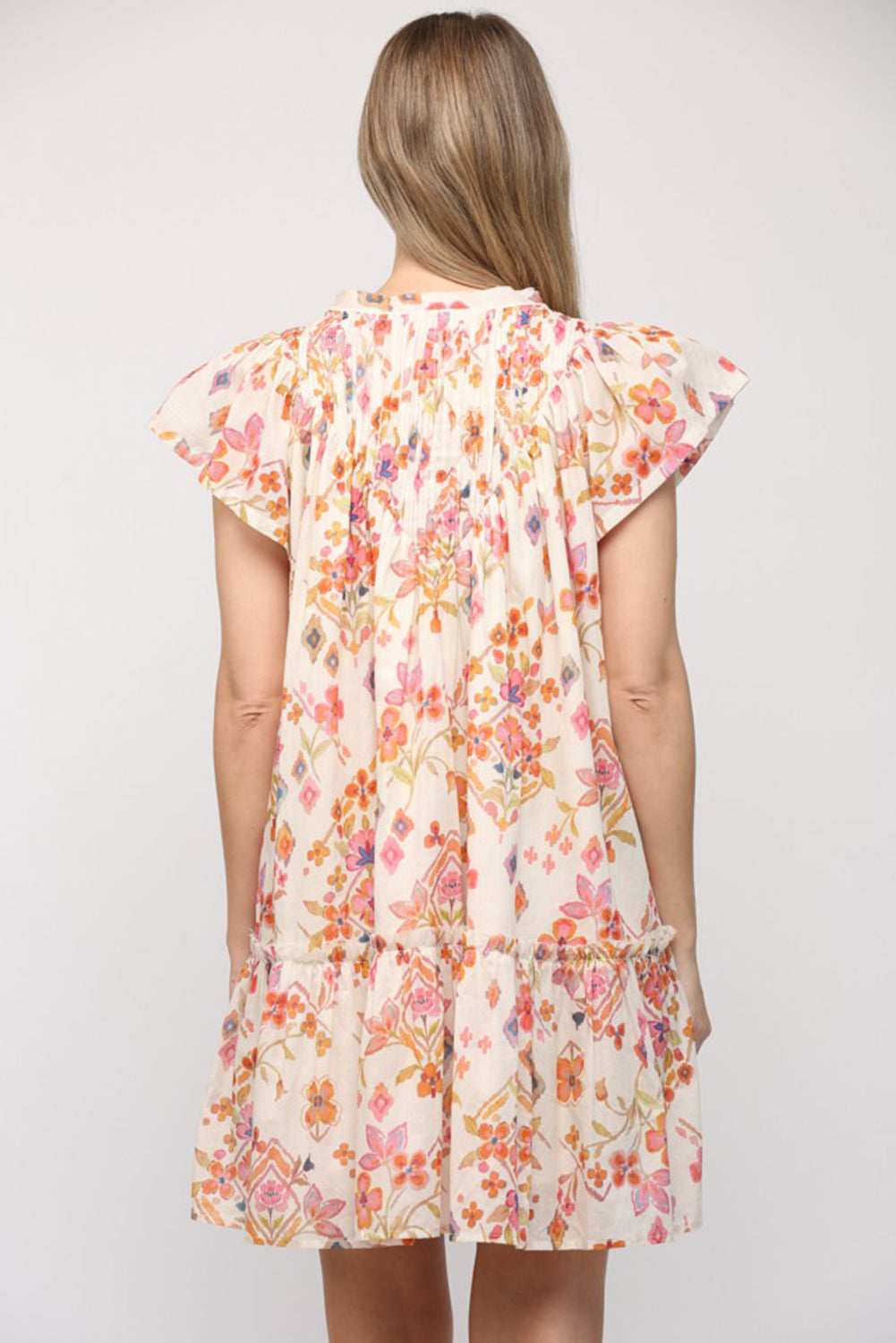 Apricot Floral Geometric Print Ruffled Trim Flutter Sleeve Mini Dress