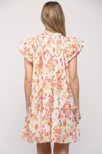 Apricot Floral Geometric Print Ruffled Trim Flutter Sleeve Mini Dress