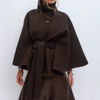 Elegant High Neck Batwing Sleeve Coat With Belt