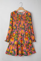 Multicolour Floral Print Long Sleeve Smocked Ruffled Mini Dress