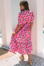 Pink Floral Contrast Neckline A-line Puff Sleeve Long Dress