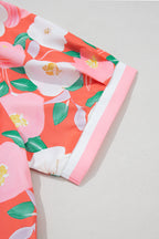 Fresh Salmon Floral Print Contrast Striped Trim Polo Collar T Shirt Dress