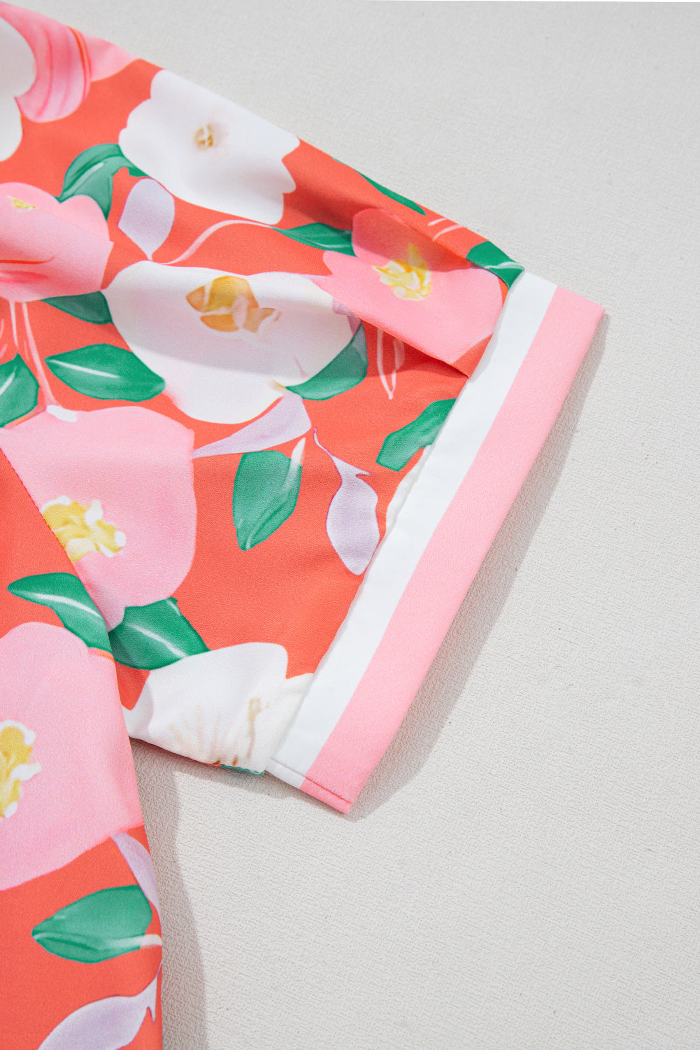 Fresh Salmon Floral Print Contrast Striped Trim Polo Collar T Shirt Dress