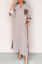 Brown Stripe Contrast Leopard Patchwork Long Shirt Dress with Slits