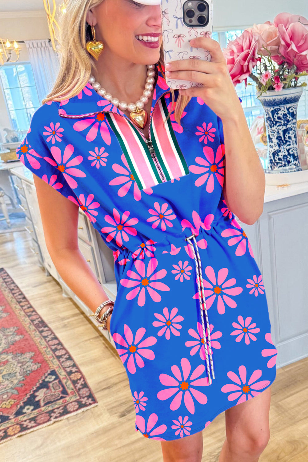 Purple Floral Striped Quarter Zip Cap Sleeve Drawstring Waist Mini Dress