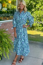 Sky Blue Floral Printed Frilled V Neck Bracelet Sleeve Long Dress