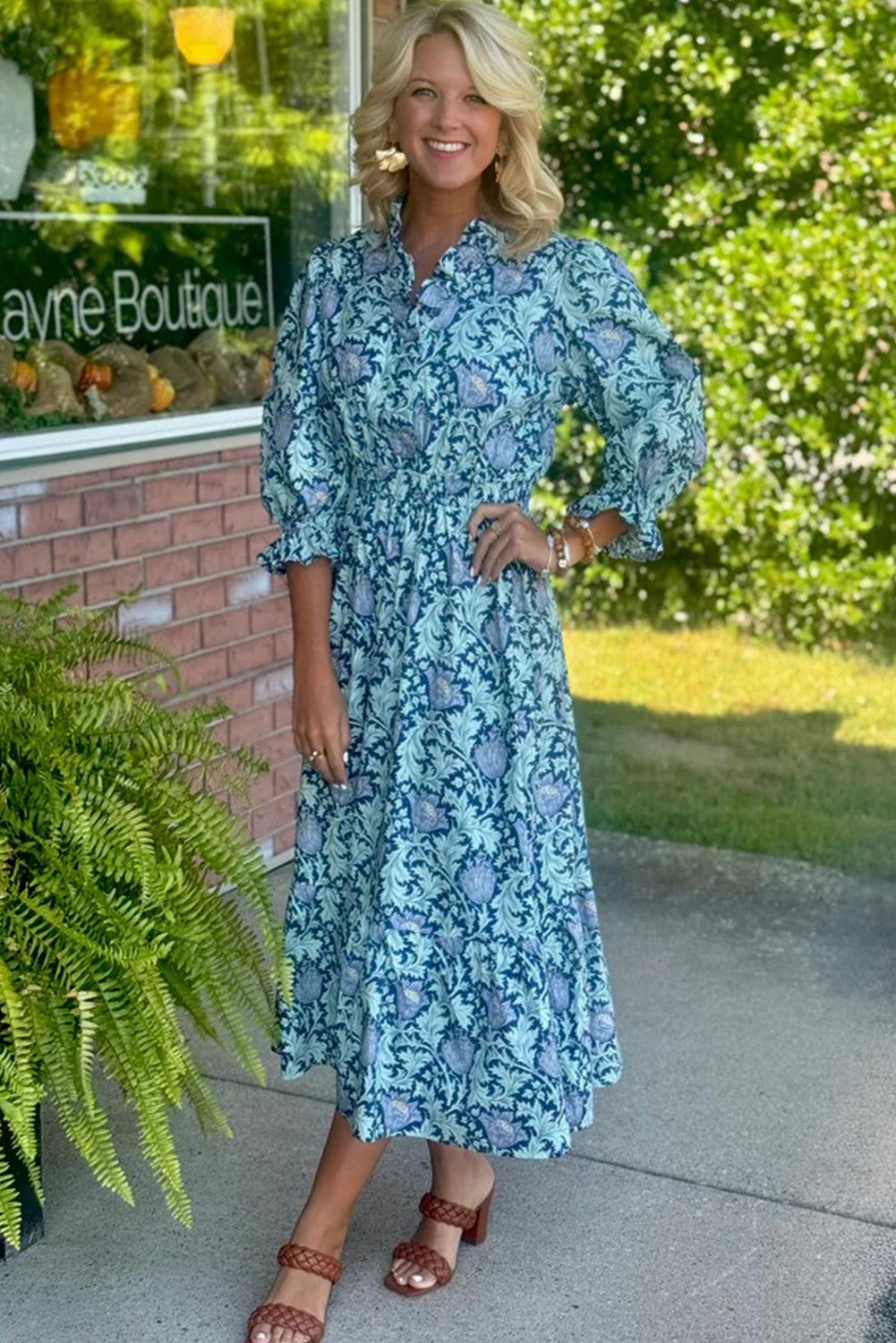 Sky Blue Floral Printed Frilled V Neck Bracelet Sleeve Long Dress