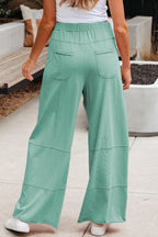 Black Mineral Wash Exposed Seam Drawstring Elastic Waistband Wide Leg Cargo Pants