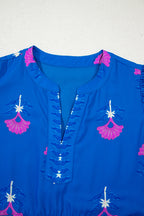 Blue Floral Print Notched Neck Butterfly Sleeve Shift Long Dress