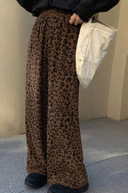 Dark Brown Leopard Print Elastic High Waist Loose Corduroy Pants