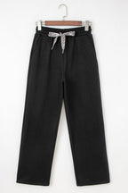 Black Fleece Lined Leopard Drawstring Elastic Waist Solid Pants