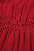 Racing Red Contrast Embroidered Detail Cinched Waist Tiered Long Sleeve Maxi Dress