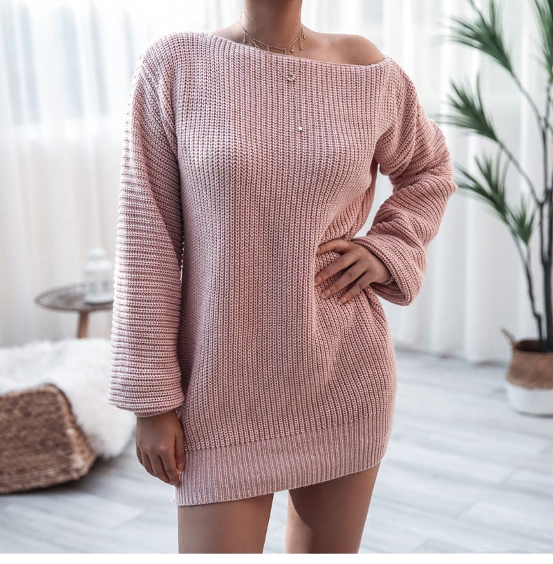 Casual Off-the-shoulder Lantern Sleeve Knitted Sweater Dress