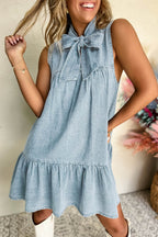 Beau Blue Bowknot Neck Sleeveless Ruffled Chambray Dress