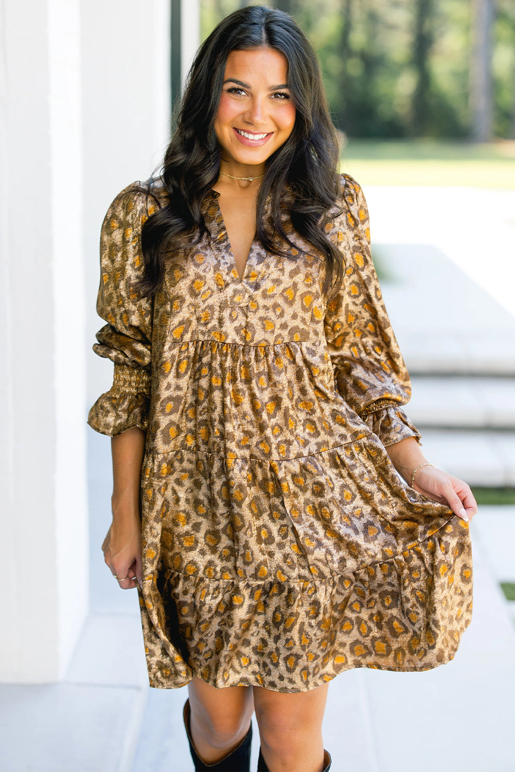 Khaki Leopard Print V Neck Ruffled Sleeve Tiered Loose Mini Dress