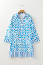 Sky Blue Contrast Striped Trim Floral Shift Fit Fall Dress