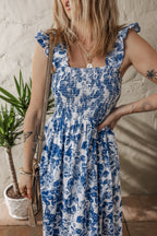 Blue Floral Ruffle Strap Square Neck Smocked Bodice Midi Dress