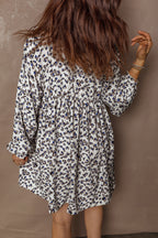 Multicolour Leopard Print V Neck Button Detail Long Sleeve Mini Dress