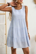Light Blue Plaid Tiered A-line Sleeveless Mini Sundress