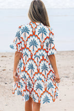 Orange Contrast Palm Tree Printed Short Sleeve Flowy Dress