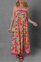 Multicolour Floral Tied Straps Ricrac Trim Maxi Dress