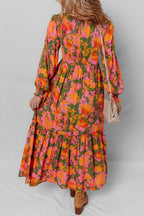 Orange Floral Puff Sleeve Smocked Bodice Ruffled Long Dress