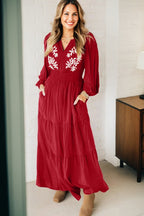 Racing Red Contrast Embroidered Detail Cinched Waist Tiered Long Sleeve Maxi Dress
