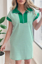 Green Stripe Quarter Zip Polo Collar T Shirt Dress with Pockets