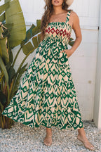 Green Western Aztec Shirred A-line Sleeveless Maxi Dress