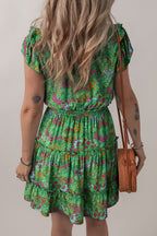 Green Floral Tie Split Neck Frilly Ruffle Trim Tiered Short Dress