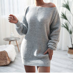 Casual Off-the-shoulder Lantern Sleeve Knitted Sweater Dress